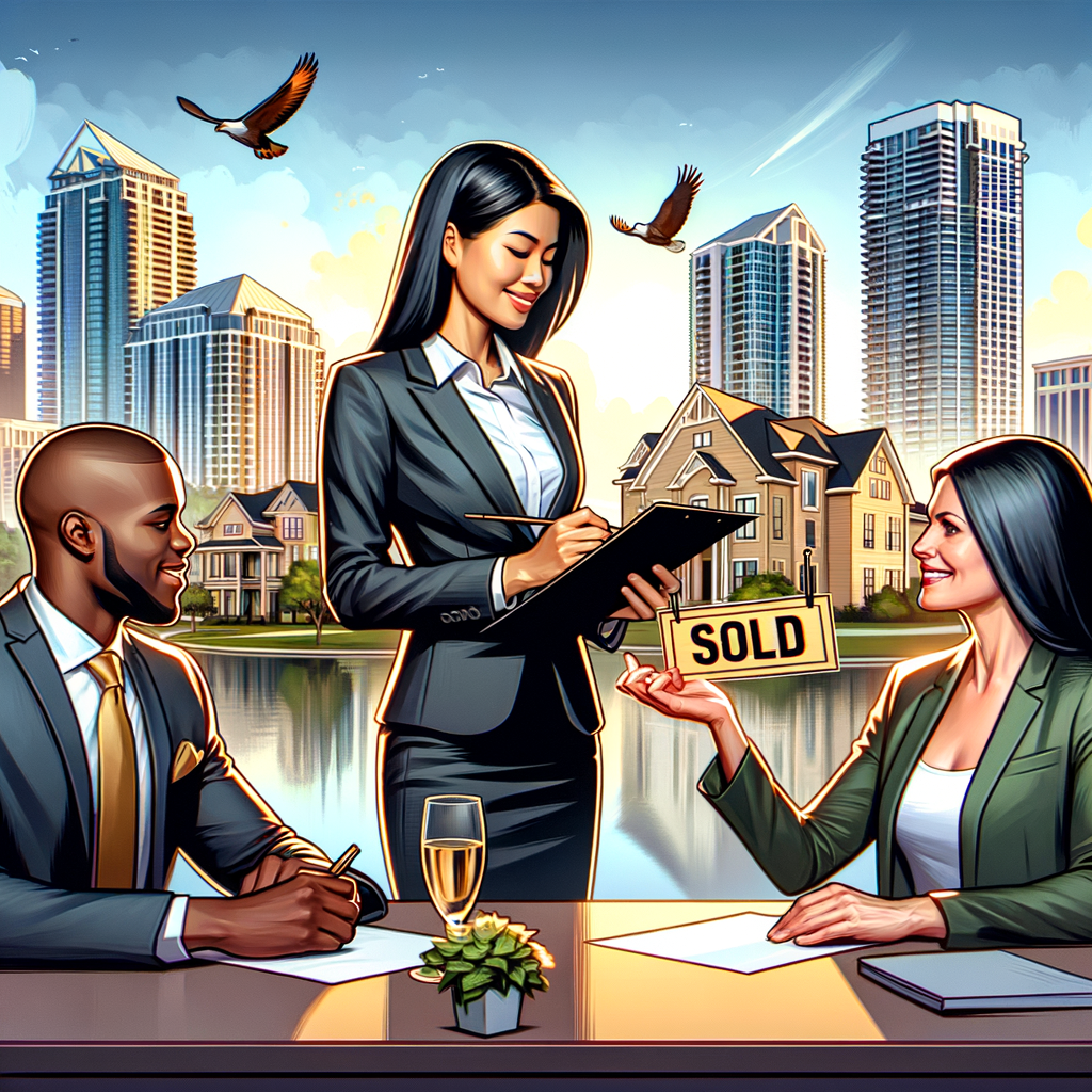 Image of Orlando’s Skyline: Capturing the essence of the city as a business hub. Image of a Business Meeting: Demonstrating a broker working with clients. Image of a Sold Sign: Symbolizing success in the buying or selling process.